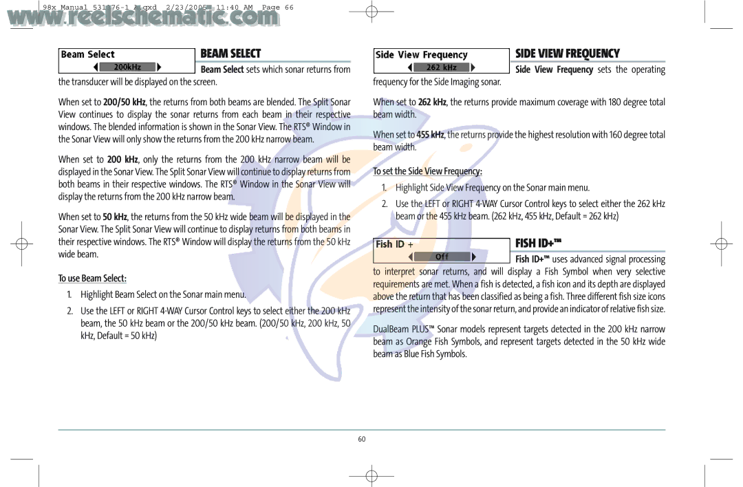 Humminbird 987C SI COMBO manual Beam Select, Side View Frequency, Fish ID+ 
