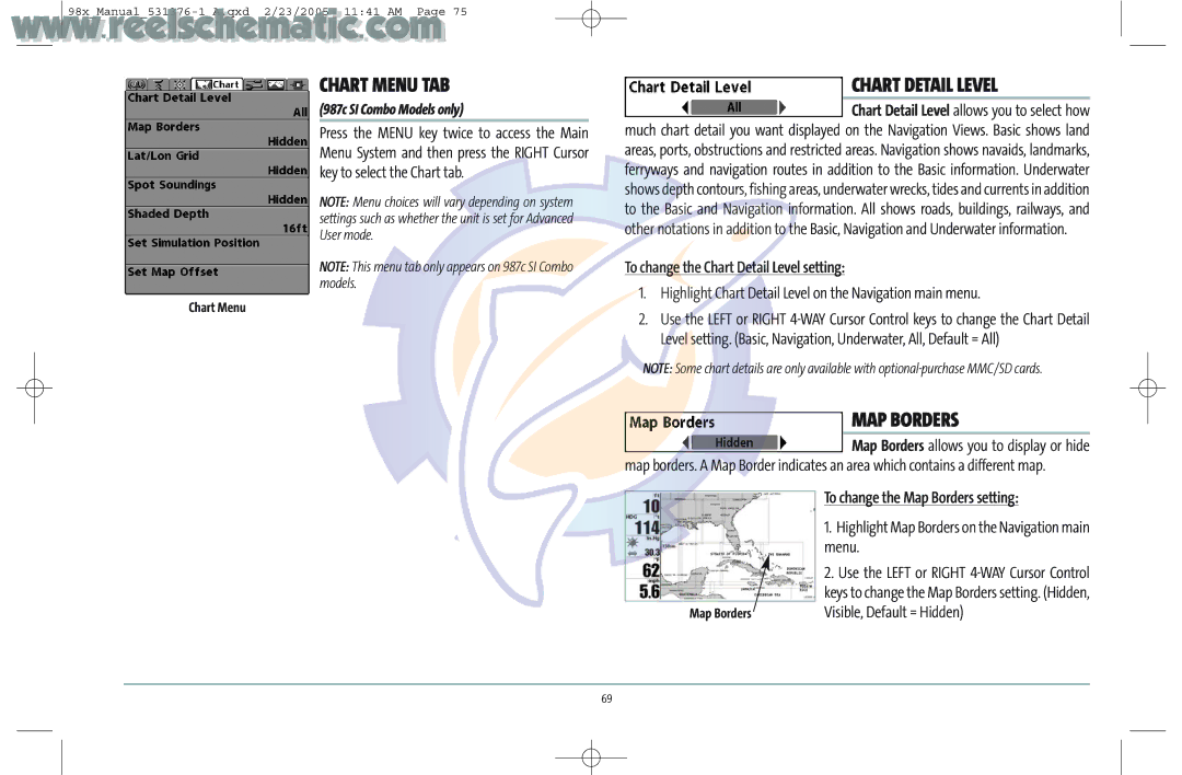 Humminbird 987C SI COMBO manual Chart Menu TAB, MAP Borders, To change the Chart Detail Level setting 