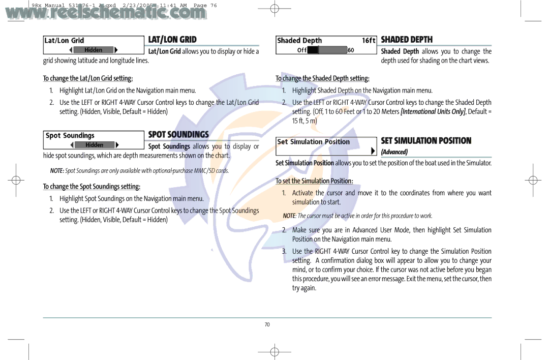 Humminbird 987C SI COMBO manual LAT/LON Grid, Spot Soundings, Shaded Depth, SET Simulation Position 