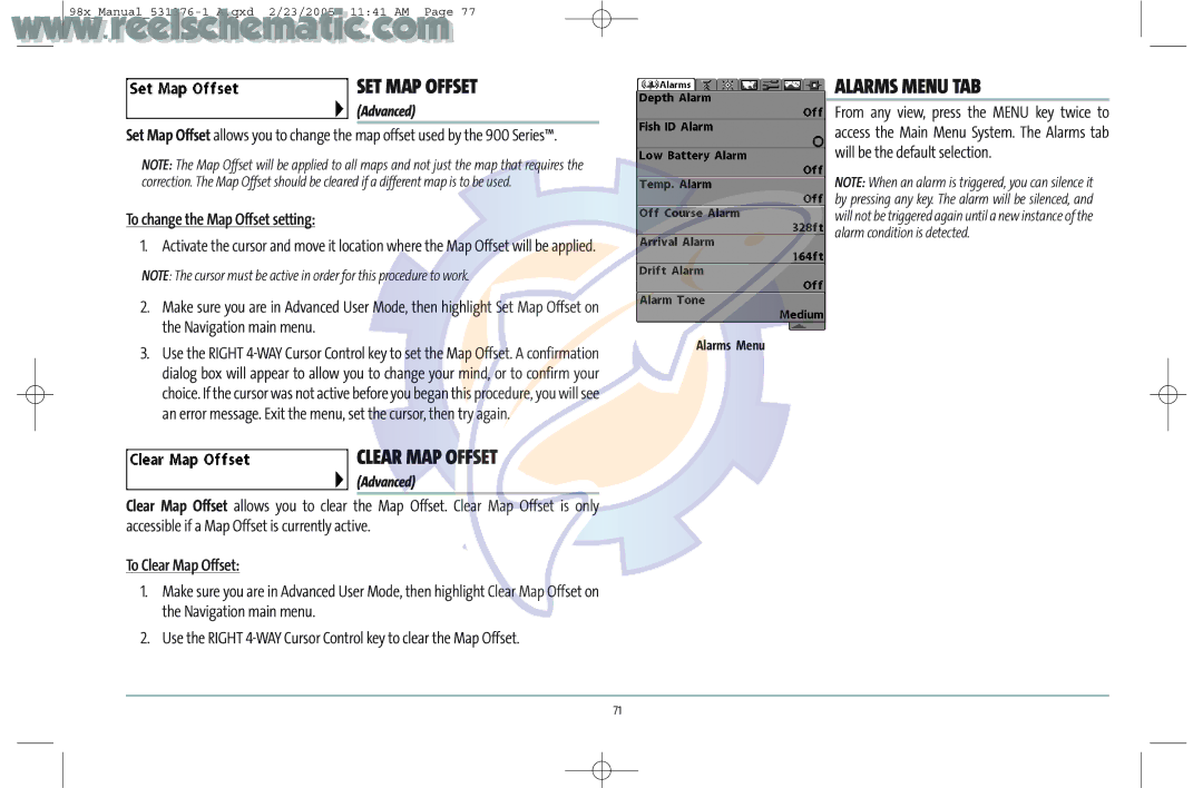 Humminbird 987C SI COMBO manual SET MAP Offset, Clear MAP Offset, Alarms Menu TAB, To change the Map Offset setting 