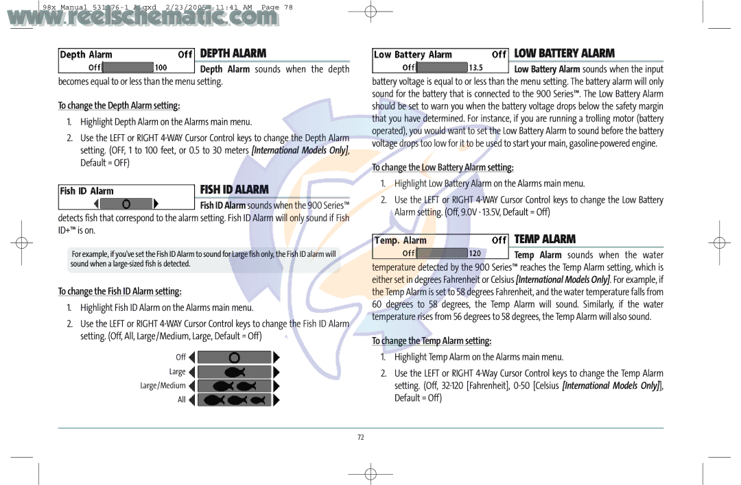 Humminbird 987C SI COMBO manual Depth Alarm, Fish ID Alarm, LOW Battery Alarm, Temp Alarm 