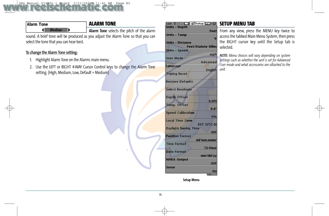 Humminbird 987C SI COMBO manual Setup Menu TAB, To change the Alarm Tone setting 