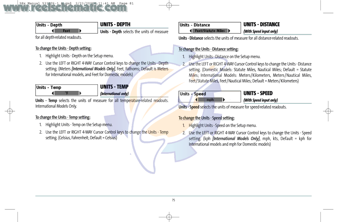 Humminbird 987C SI COMBO manual Units Depth, Units Temp, Units Distance, Units Speed 