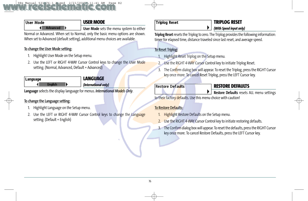 Humminbird 987C SI COMBO manual User Mode, Language, Triplog Reset, Restore Defaults 