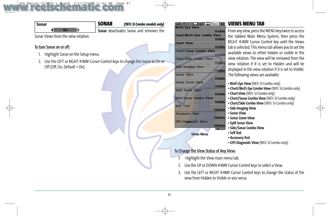 Humminbird 987C SI COMBO manual Views Menu TAB, To turn Sonar on or off, Following views are available 