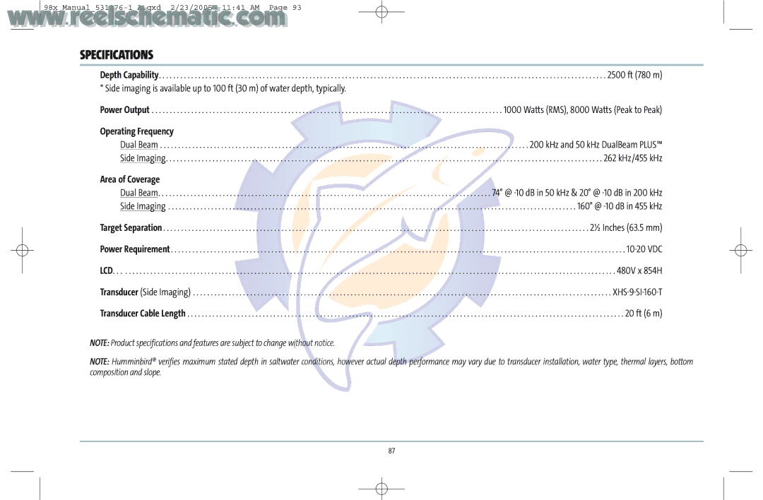 Humminbird 987C SI COMBO manual Specifications, Area of Coverage 