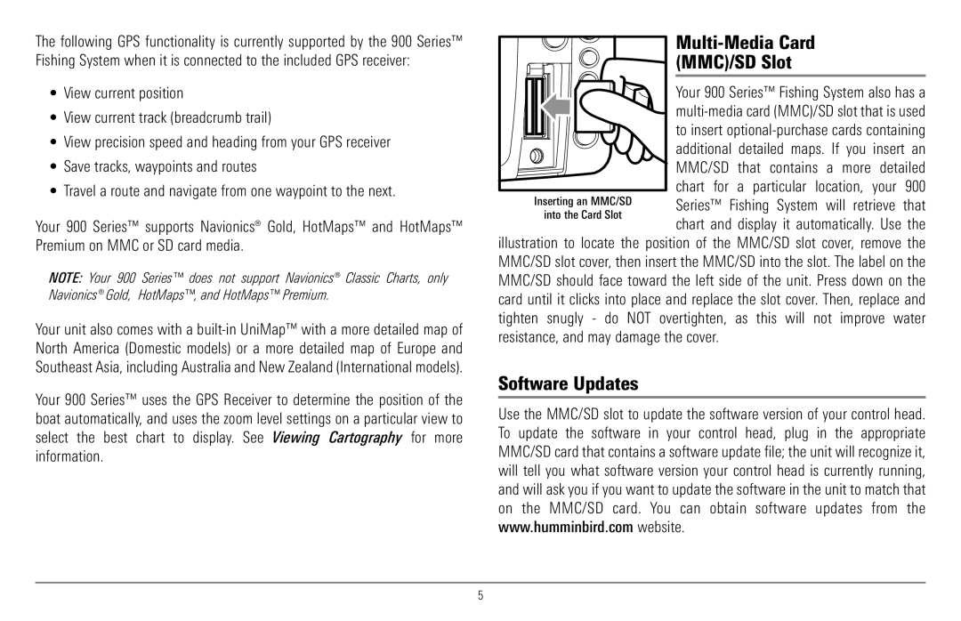 Humminbird 997c Combo, 900 Series manual Multi-Media Card MMC/SD Slot, Software Updates 