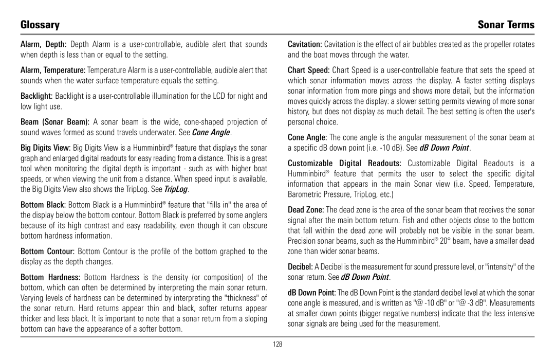 Humminbird 900 Series, 997c Combo manual Glossary, Sonar Terms 