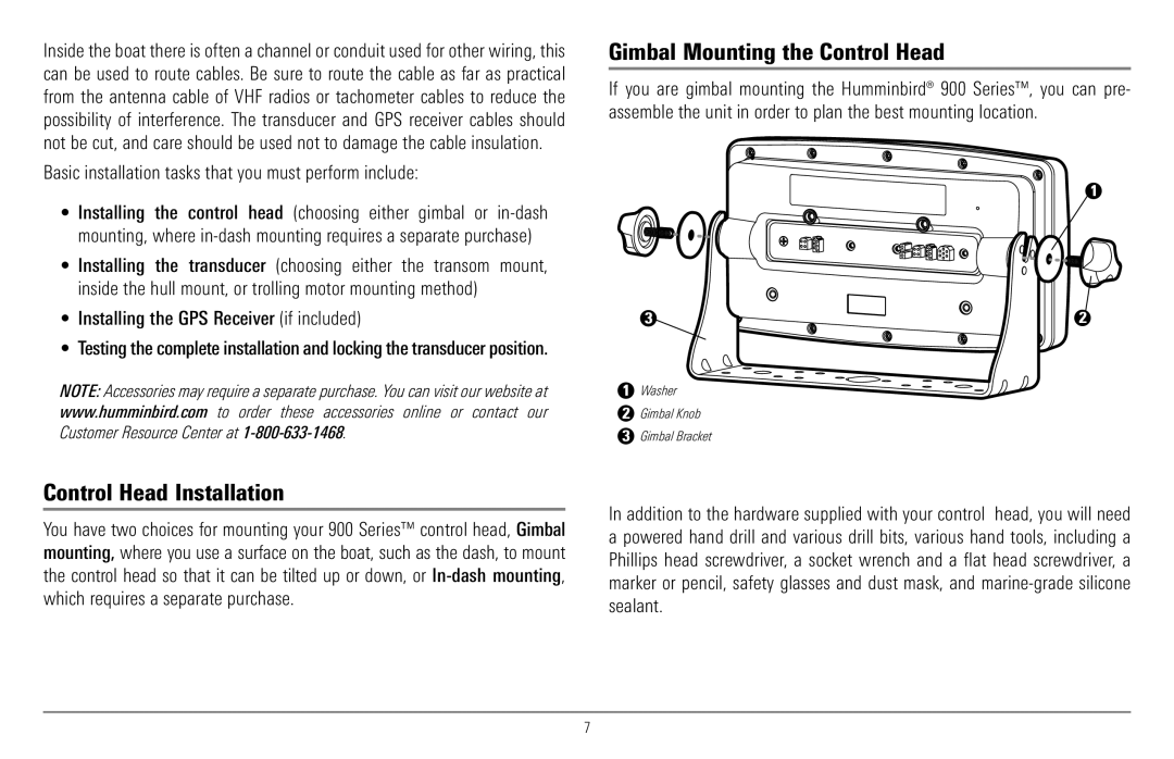 Humminbird 997c Combo Gimbal Mounting the Control Head, Control Head Installation, Installing the GPS Receiver if included 