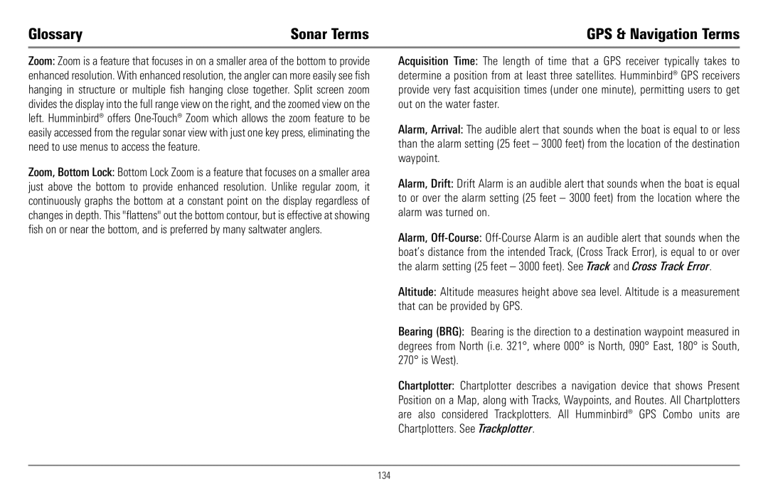 Humminbird 900 Series, 997c Combo manual Glossary Sonar Terms, GPS & Navigation Terms 