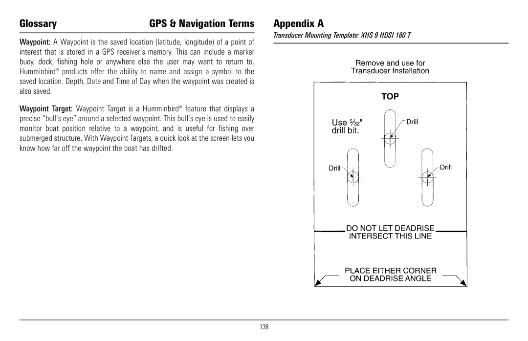 Humminbird 900 Series, 997c Combo GlossaryGPS & Navigation Terms Appendix a, Transducer Mounting Template XHS 9 Hdsi 180 T 