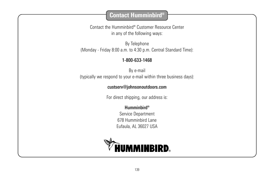 Humminbird 997c Combo, 900 Series manual Contact Humminbird 