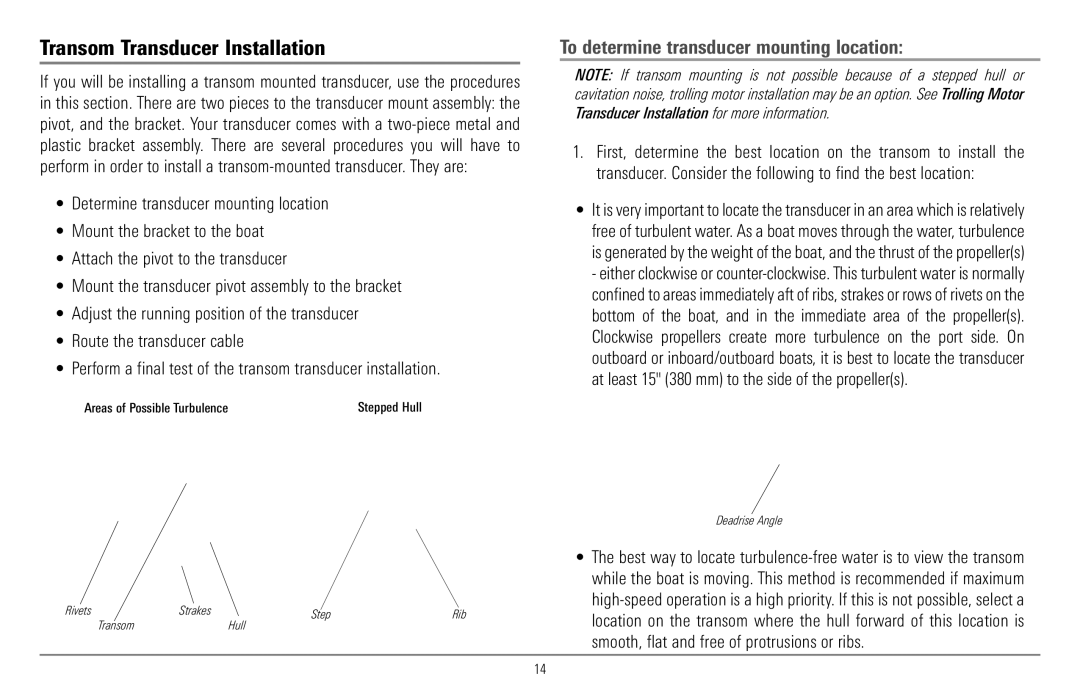Humminbird 900 Series, 997c Combo manual Transom Transducer Installation, Areas of Possible Turbulence 