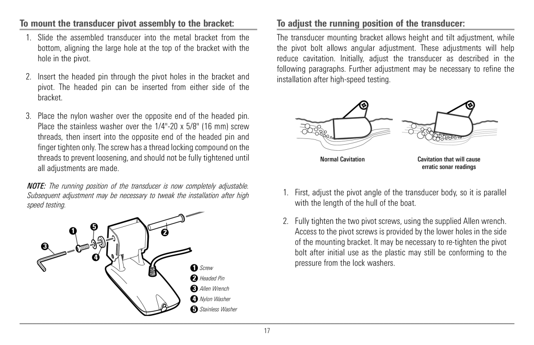 Humminbird 997c Combo, 900 Series manual To mount the transducer pivot assembly to the bracket, Normal Cavitation 