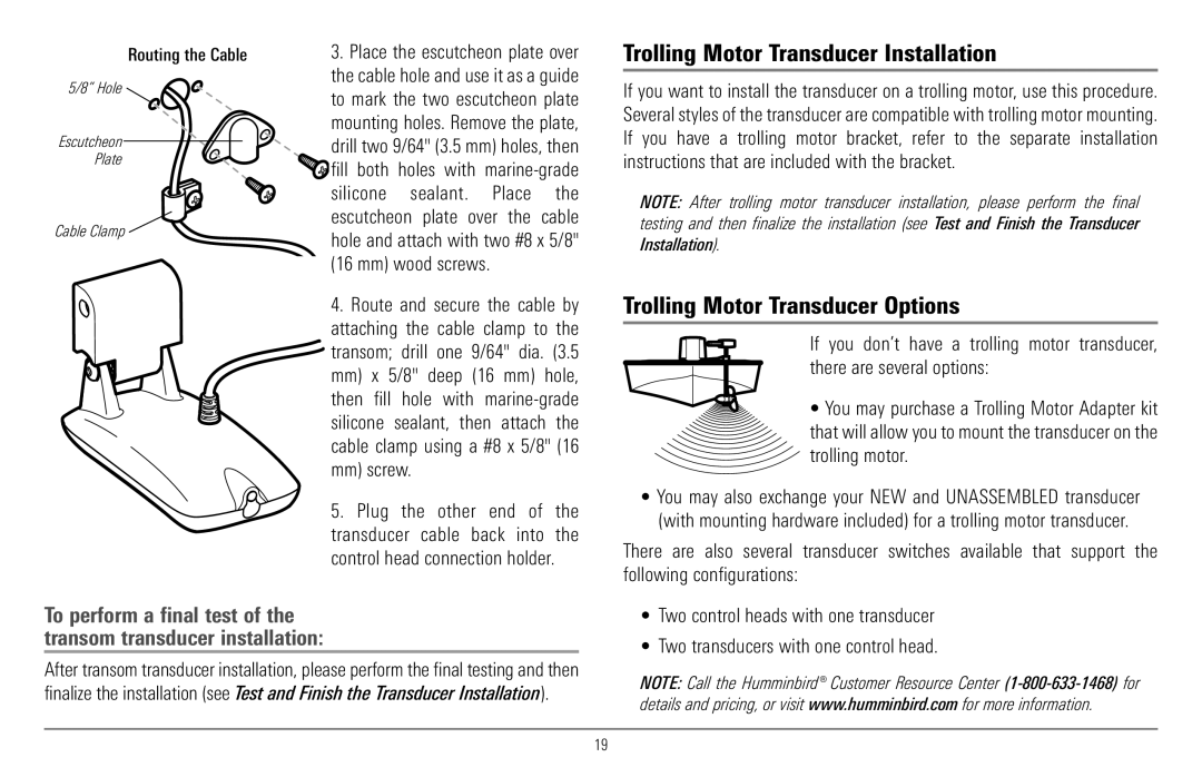 Humminbird 997c Combo, 900 Series manual Trolling Motor Transducer Installation, Trolling Motor Transducer Options 