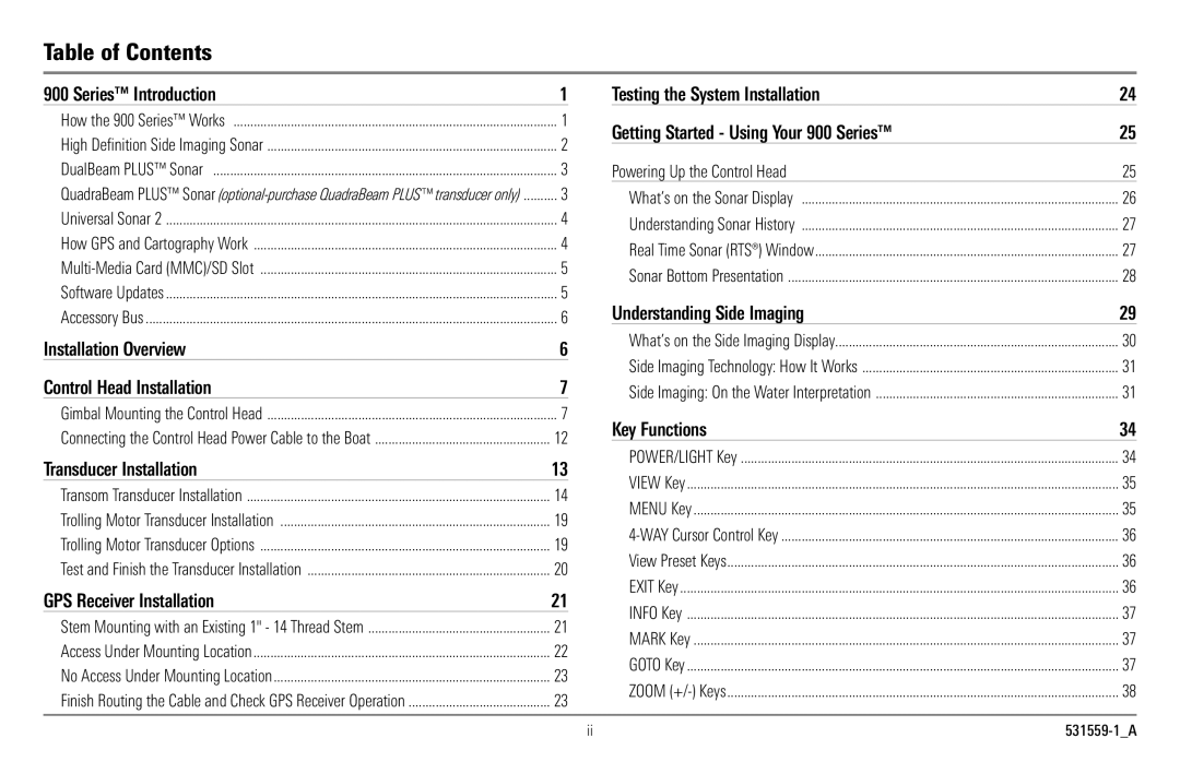 Humminbird 900 Series, 997c Combo manual Table of Contents 