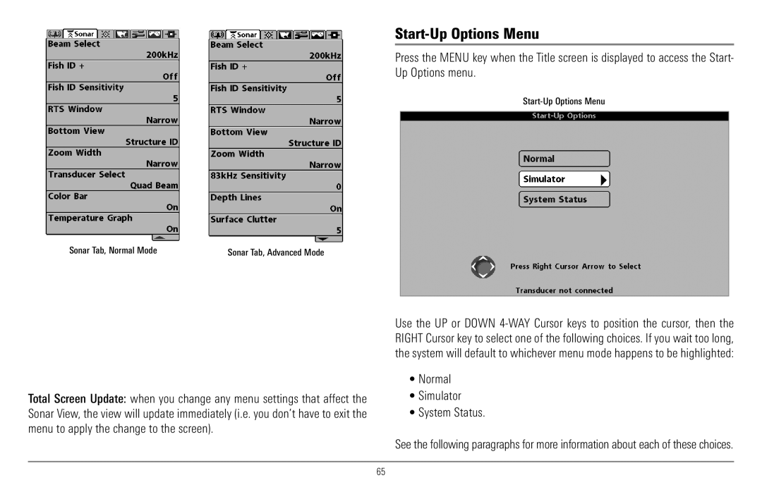 Humminbird 997c Combo, 900 Series manual Normal Simulator System Status, Start-Up Options Menu Sonar Tab, Normal Mode 