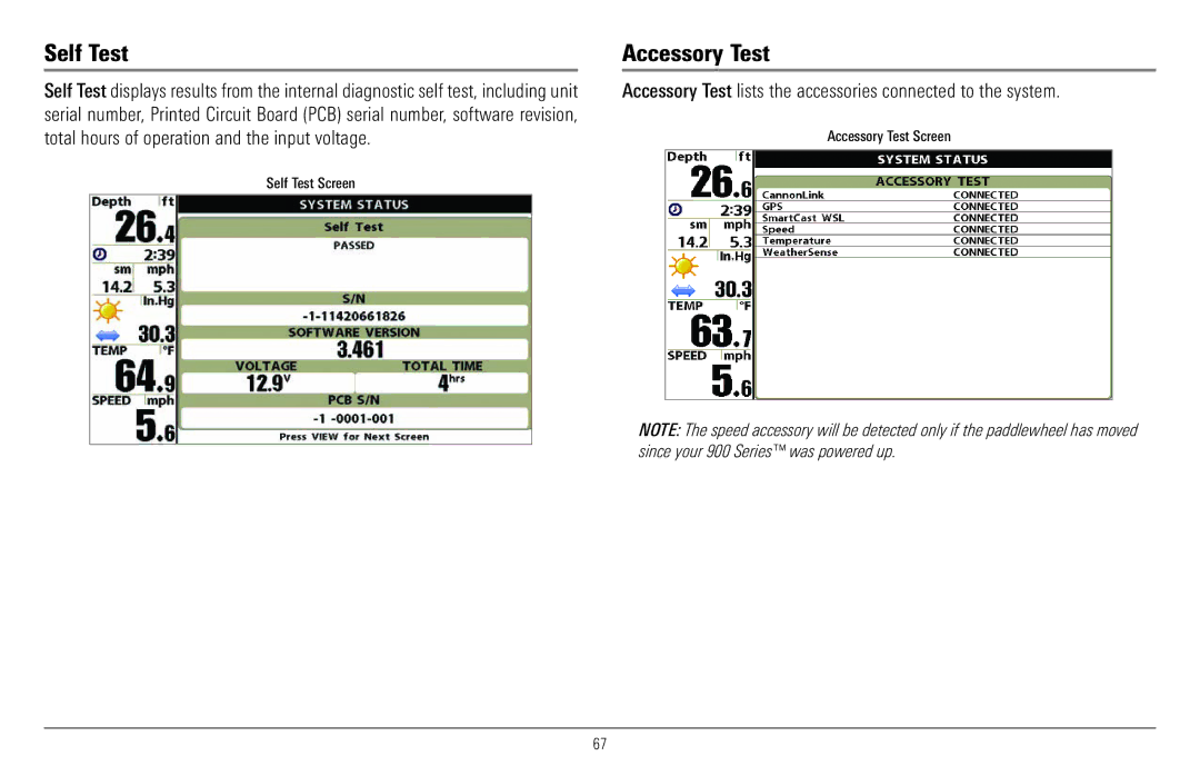 Humminbird 997c Combo, 900 Series manual Self Test Screen, Accessory Test Screen 