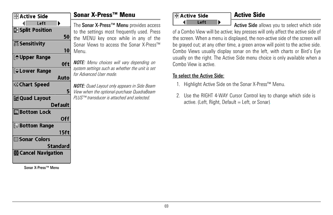 Humminbird 997c Combo, 900 Series manual Sonar X-Press Menu, Active Side 
