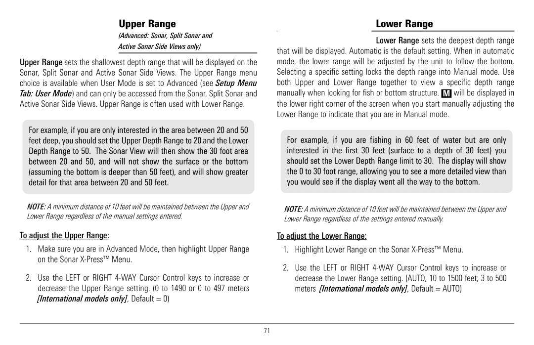 Humminbird 997c Combo, 900 Series manual Upper Range, Lower Range 