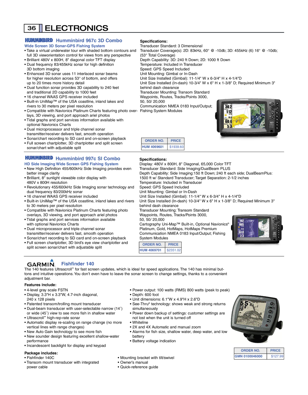 Humminbird 140 specifications Electronics, Humminbird 967c 3D Combo, Humminbird 997c SI Combo, Fishfinder 