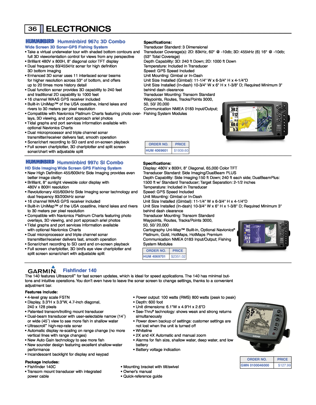 Humminbird specifications Electronics, Humminbird 967c 3D Combo, Humminbird 997c SI Combo, Fishfinder, Specifications 
