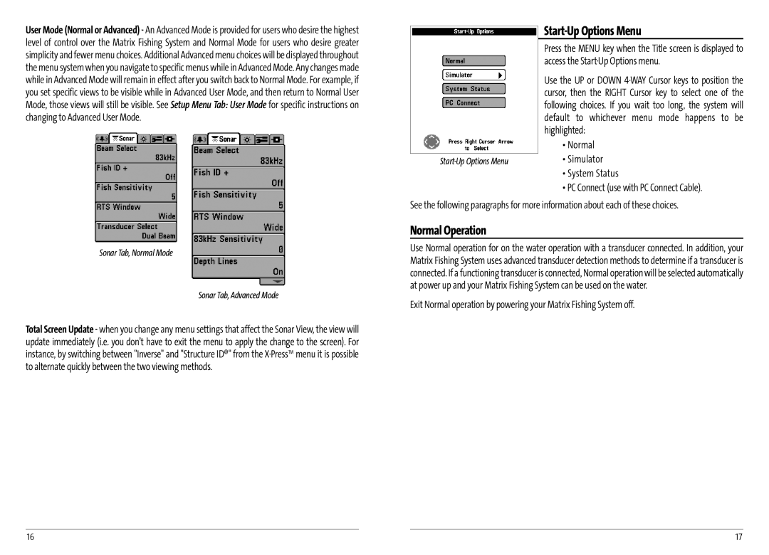 Humminbird AS GR4 manual Start-Up Options Menu, Normal Operation 