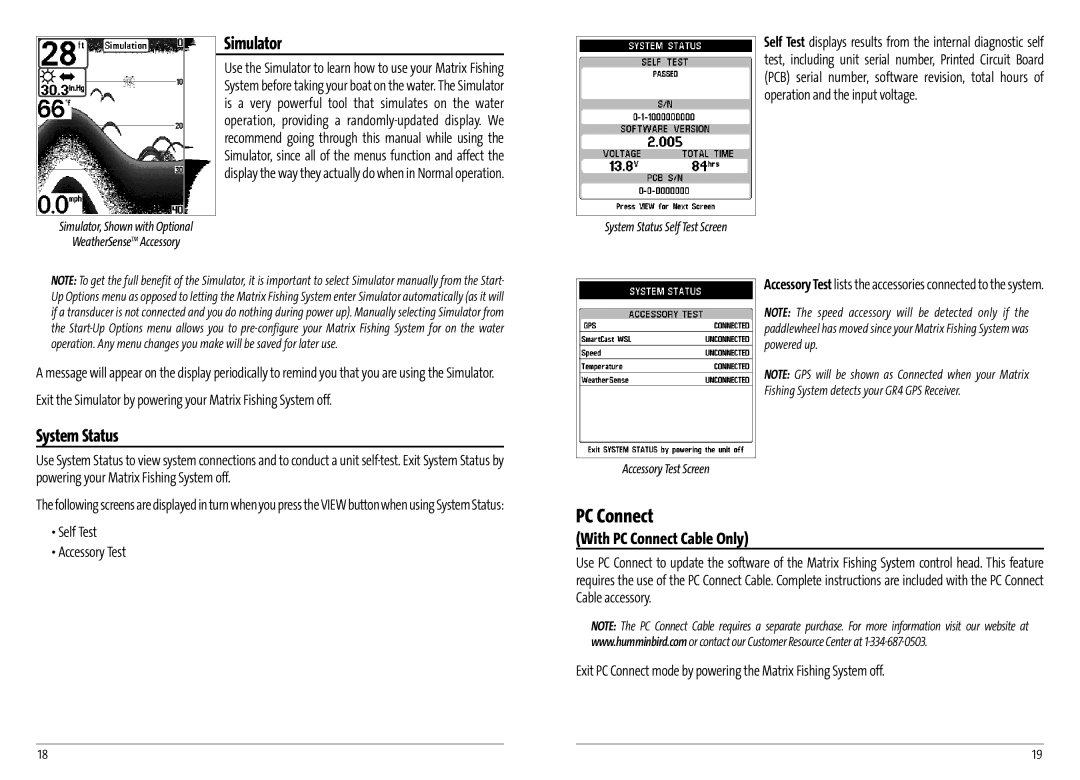 Humminbird AS GR4 manual Simulator, System Status, With PC Connect Cable Only, Self Test Accessory Test 