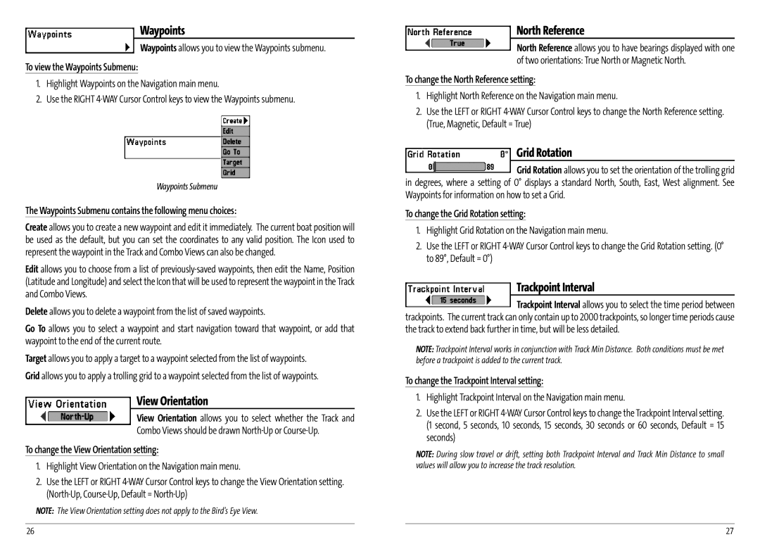 Humminbird AS GR4 manual Waypoints, North Reference, Grid Rotation, Trackpoint Interval 