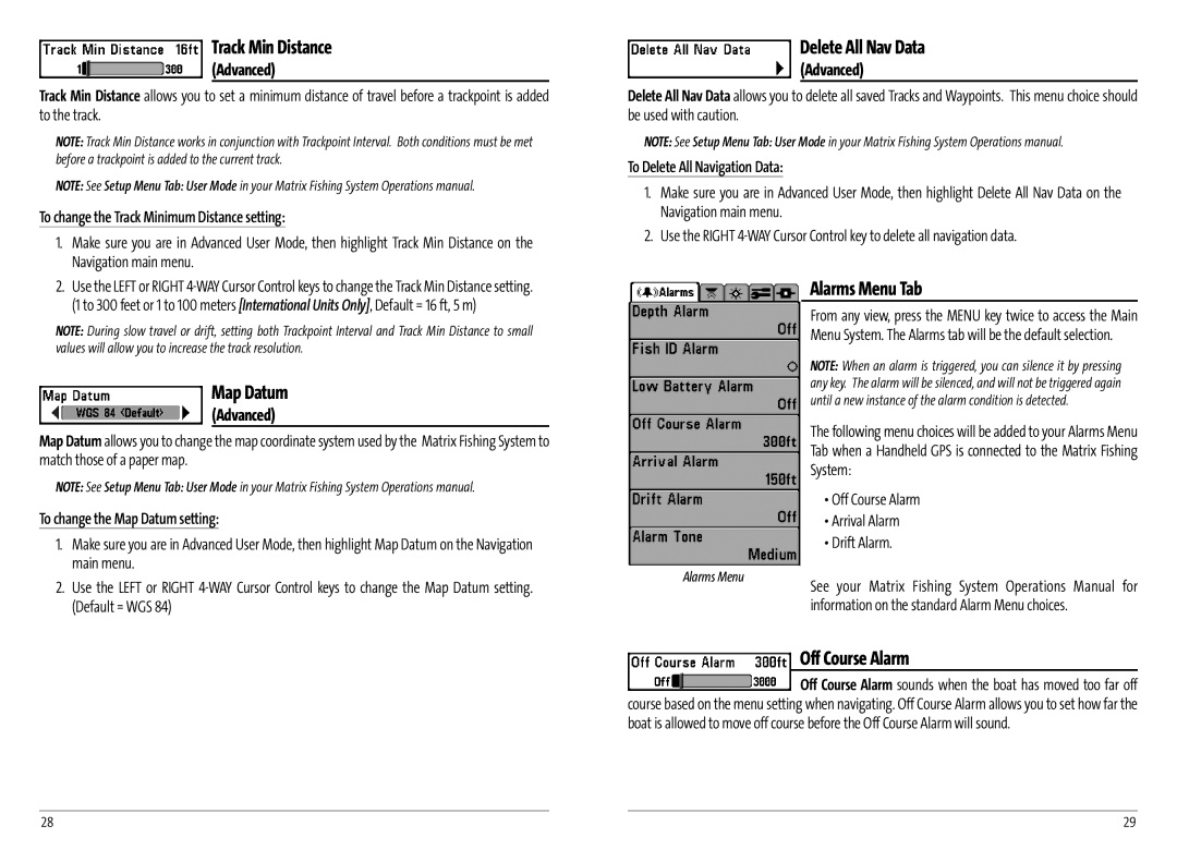 Humminbird AS GR4 manual Track Min Distance, Delete All Nav Data, Alarms Menu Tab Map Datum, Off Course Alarm, Advanced 