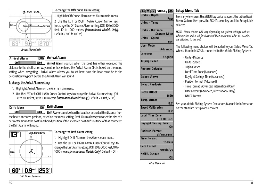 Humminbird AS GR4 manual Setup Menu Tab, Arrival Alarm, Drift Alarm 