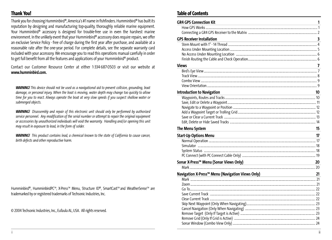 Humminbird AS GR4 manual Thank You, Table of Contents 