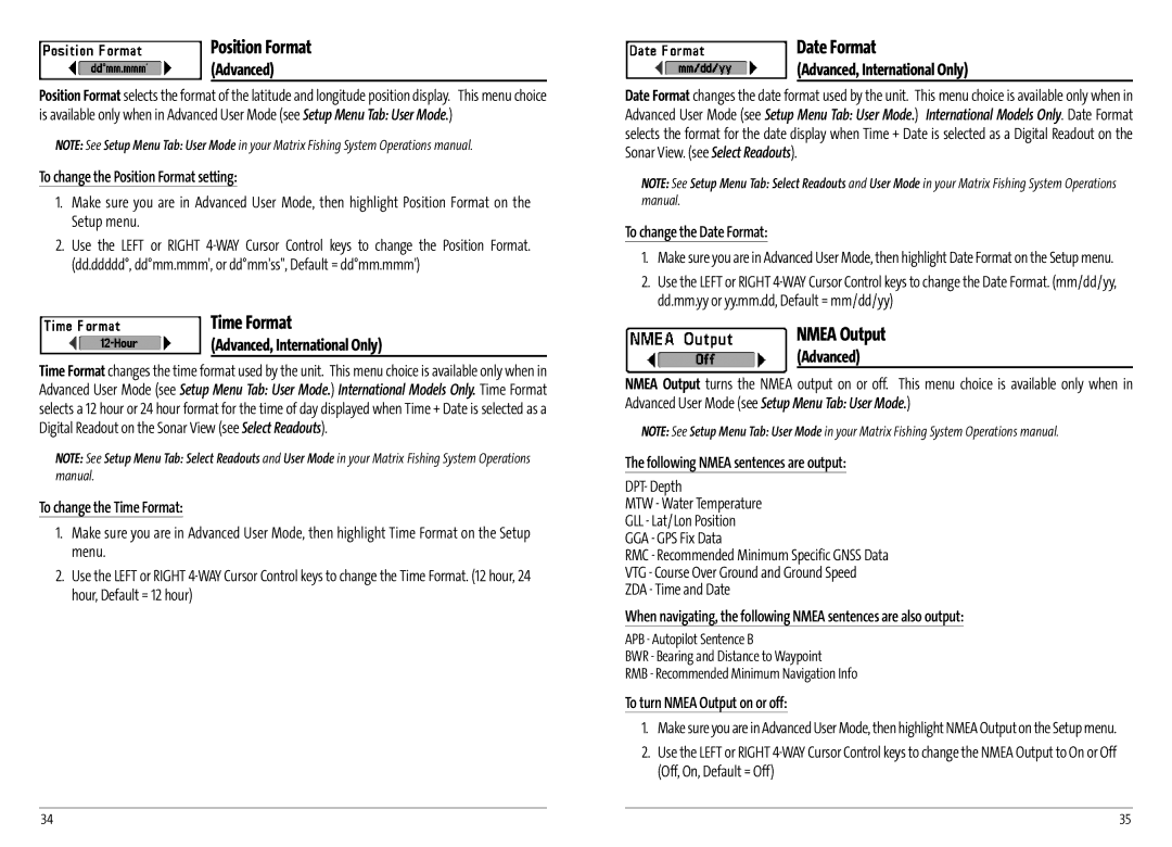 Humminbird AS GR4 manual Position Format, Time Format, Date Format, Nmea Output, Advanced, International Only 