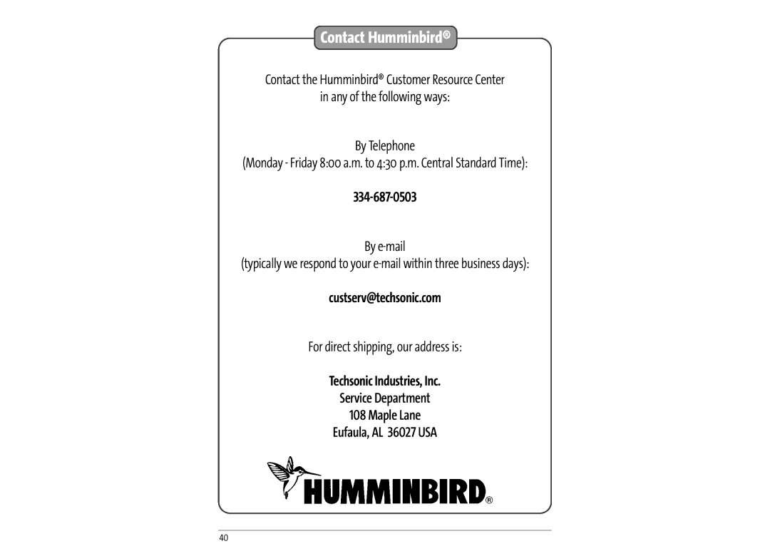 Humminbird AS GR4 manual Contact Humminbird 