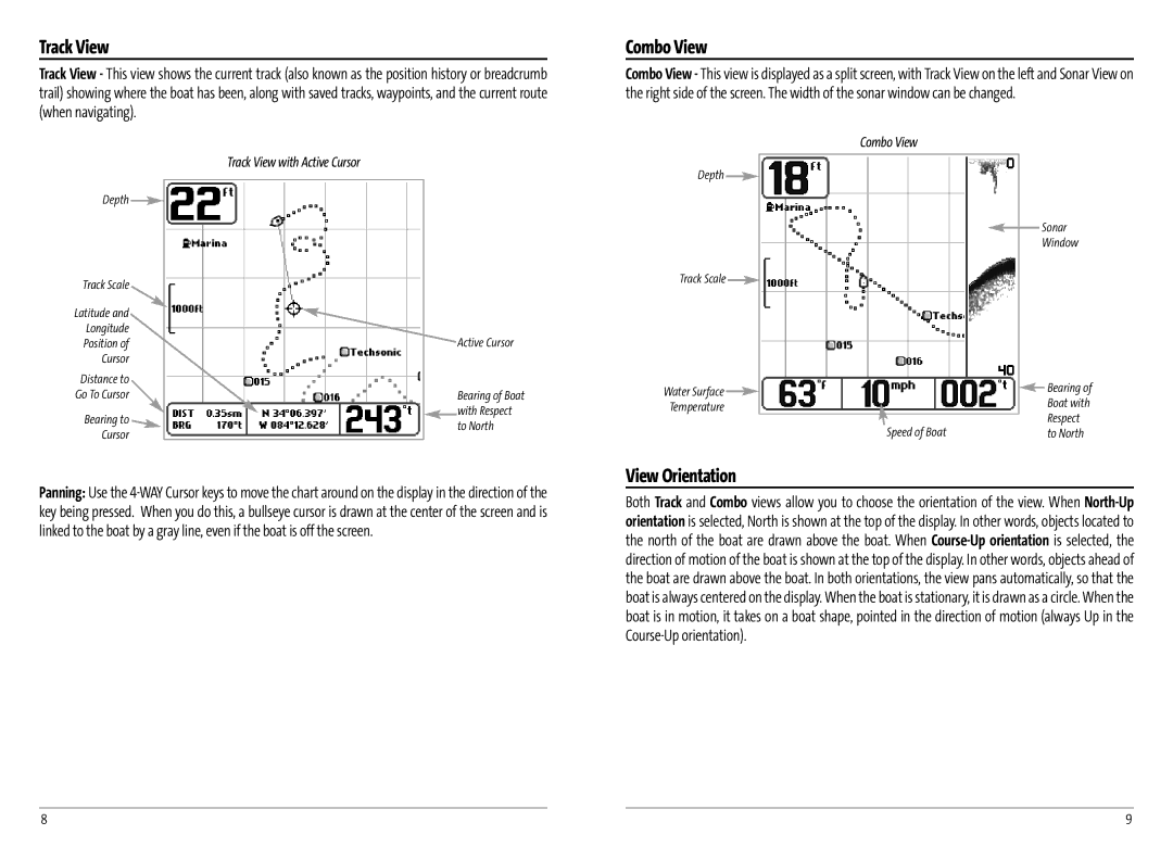 Humminbird AS GR4 manual Combo View, View Orientation, Track View with Active Cursor 