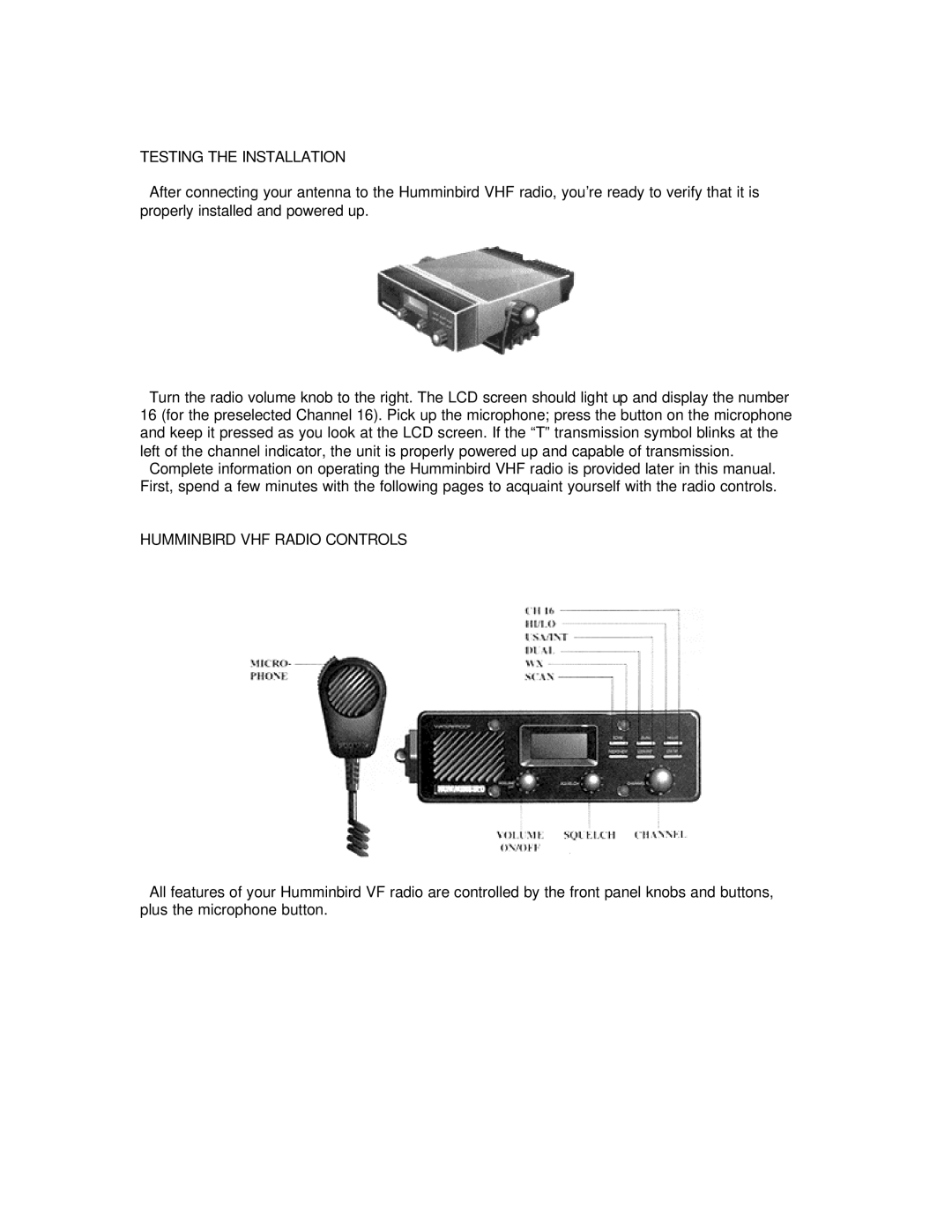 Humminbird DC 25 manual Testing the Installation, Humminbird VHF Radio Controls 