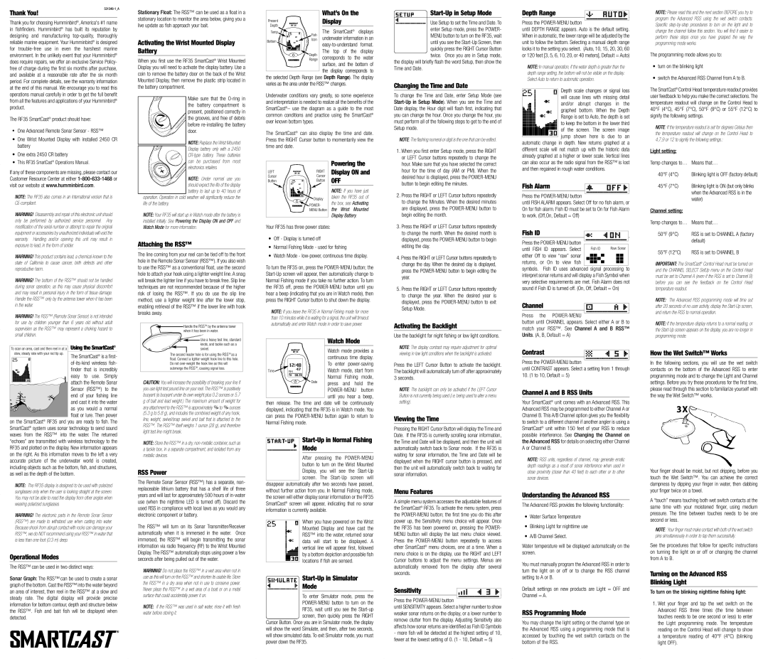 Humminbird Fish Finder warranty Thank You, Operational Modes, Activating the Wrist Mounted Display Battery, RSS Power 