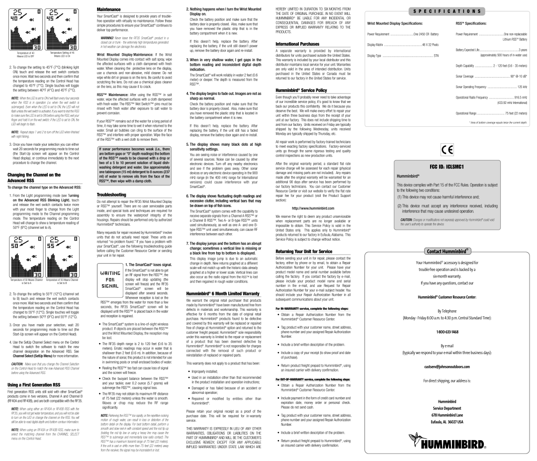 Humminbird Fish Finder Maintenance, International Purchases, Humminbird Service Policy, Using a First Generation RSS 