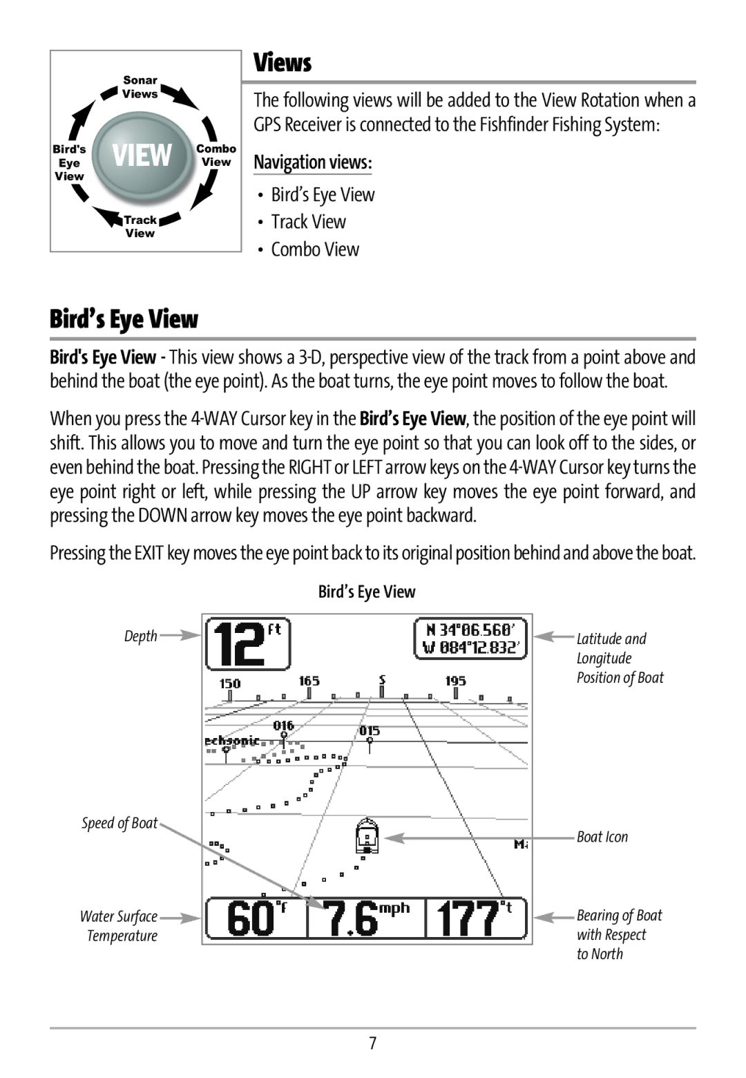 Humminbird GR16 manual Views, Navigation views, Bird’s Eye View Track View Combo View 