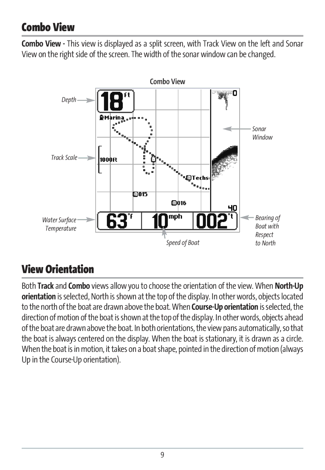 Humminbird GR16 manual Combo View, View Orientation 