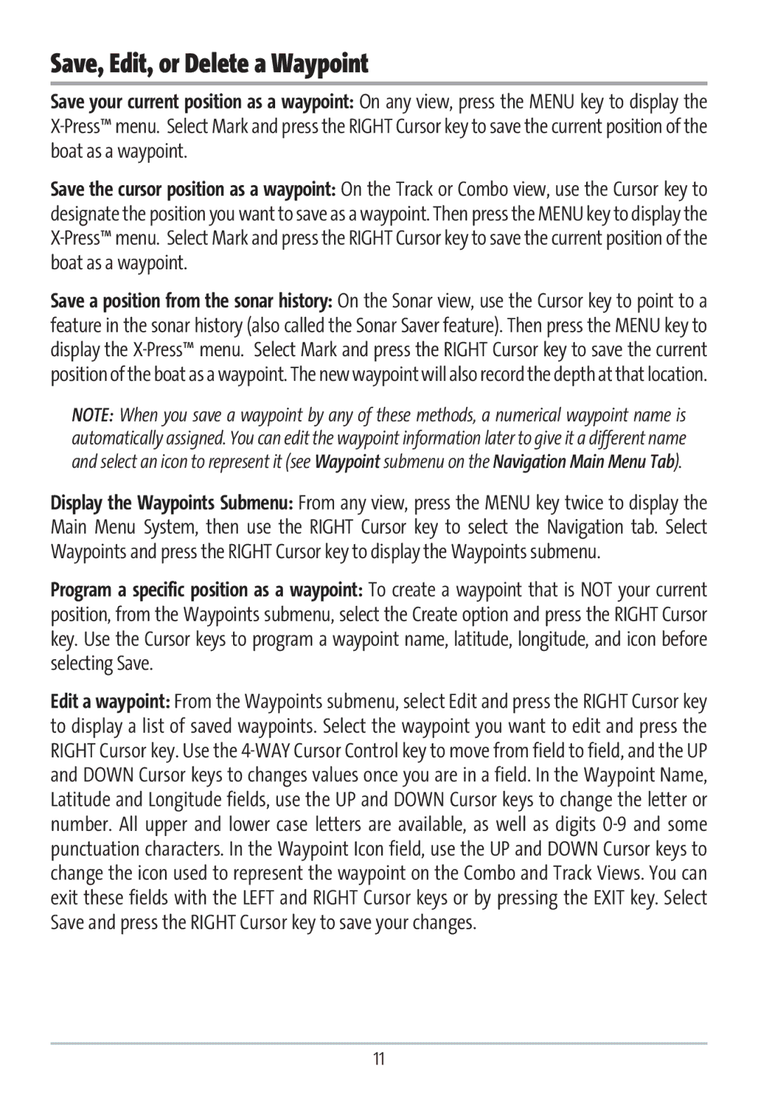 Humminbird GR16 manual Save, Edit, or Delete a Waypoint 