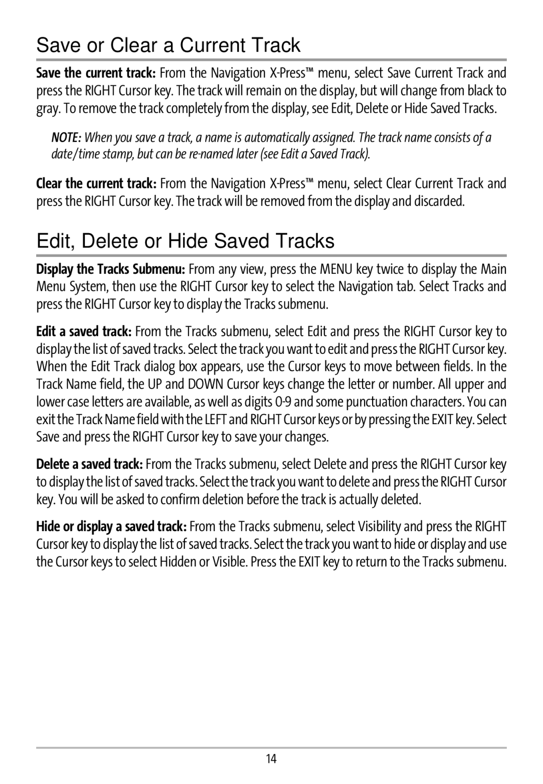 Humminbird GR16 manual Save or Clear a Current Track, Edit, Delete or Hide Saved Tracks 