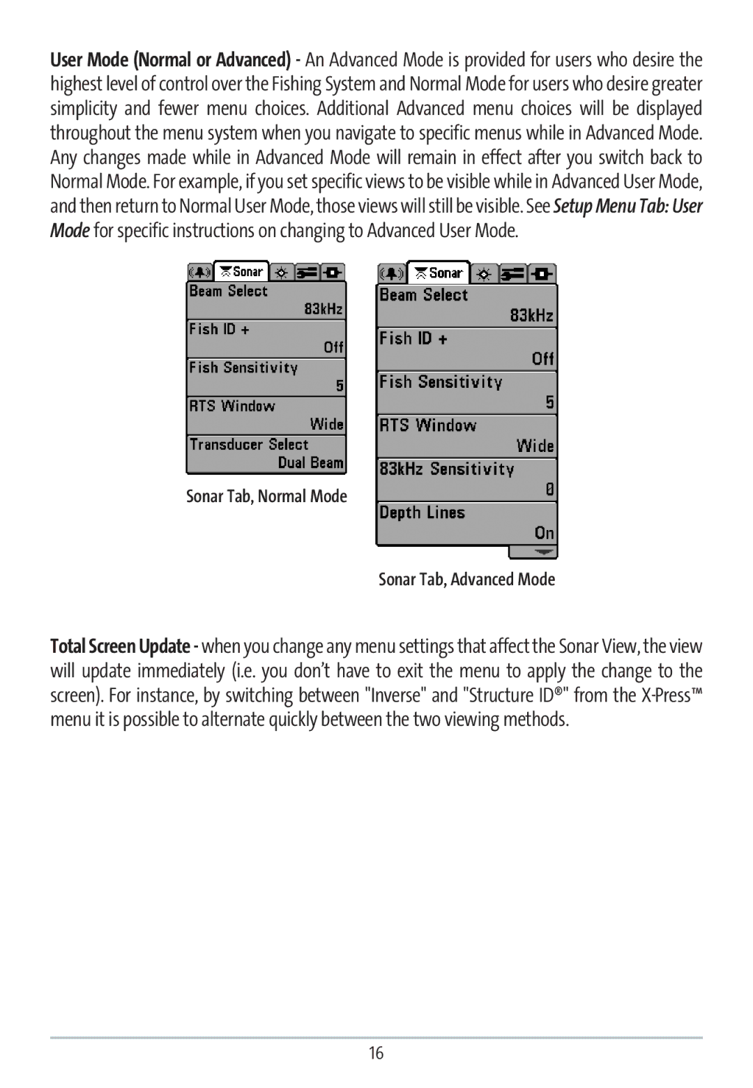 Humminbird GR16 manual Sonar Tab, Normal Mode Sonar Tab, Advanced Mode 