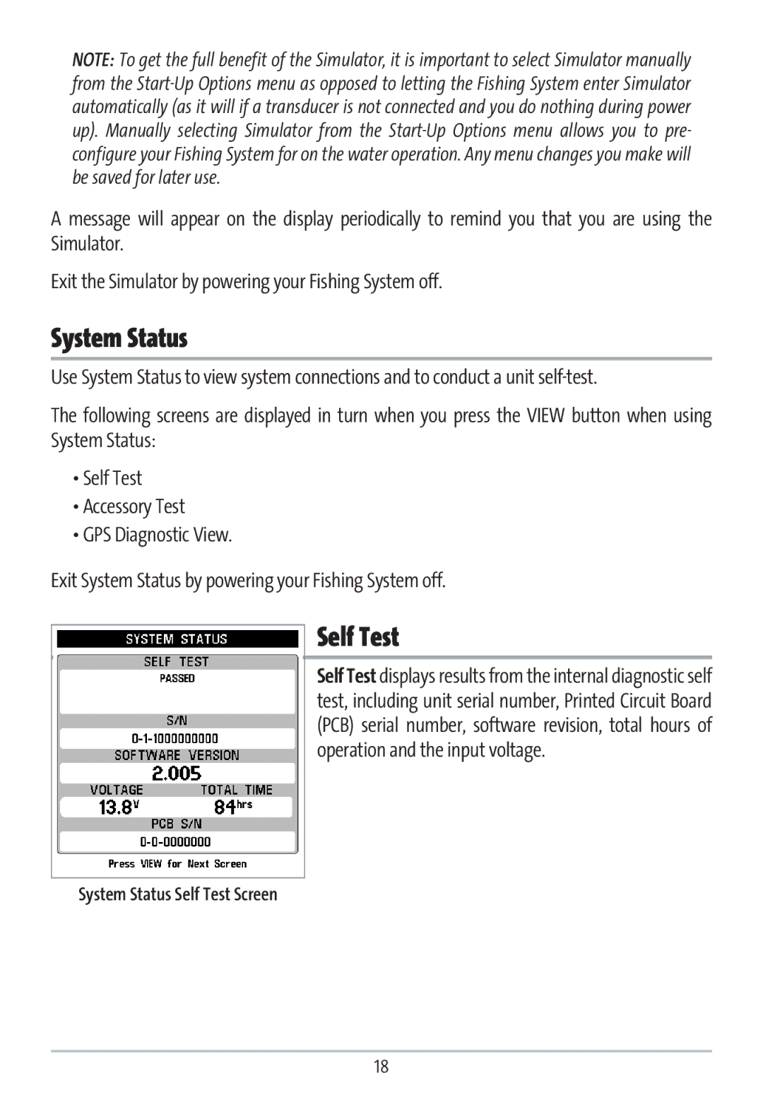 Humminbird GR16 manual System Status, Self Test 