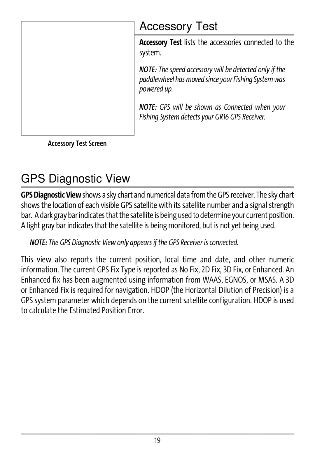 Humminbird GR16 manual Accessory Test, GPS Diagnostic View 