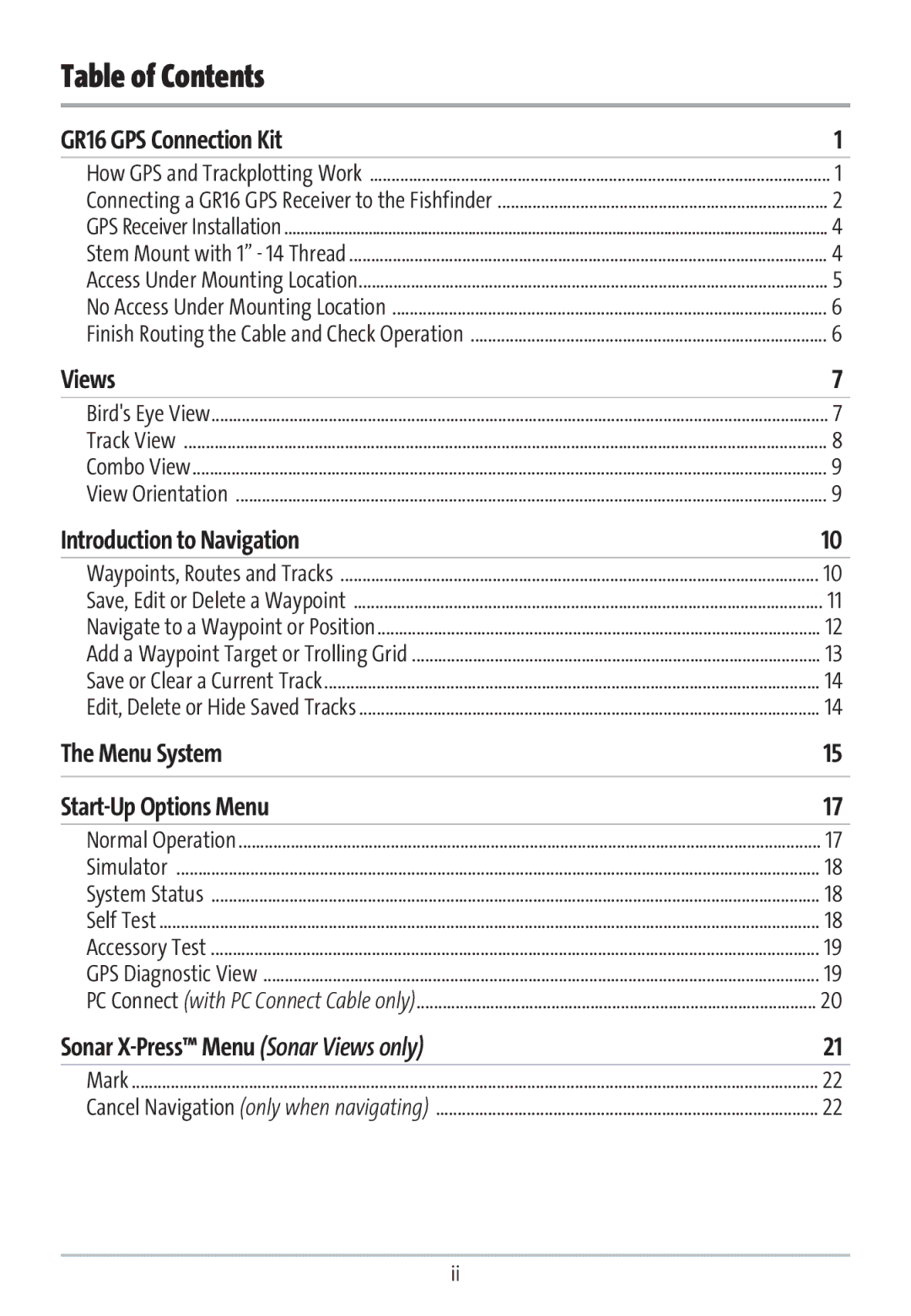 Humminbird GR16 manual Table of Contents 