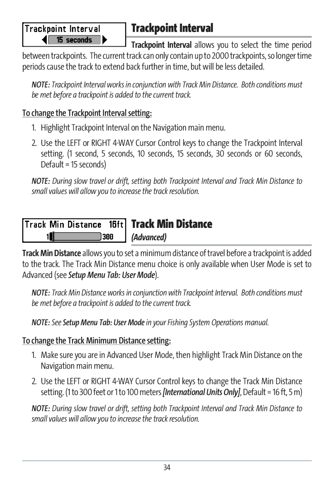 Humminbird GR16 manual Track Min Distance, To change the Trackpoint Interval setting, Advanced 