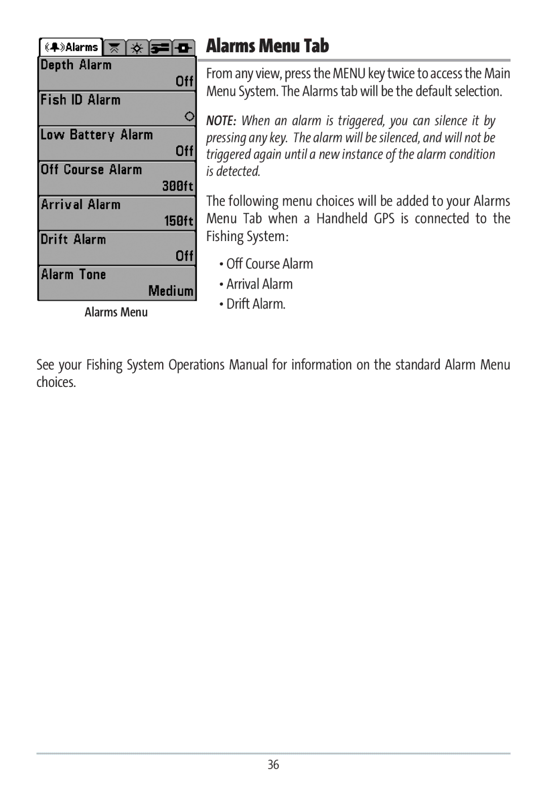 Humminbird GR16 manual Alarms Menu Tab 