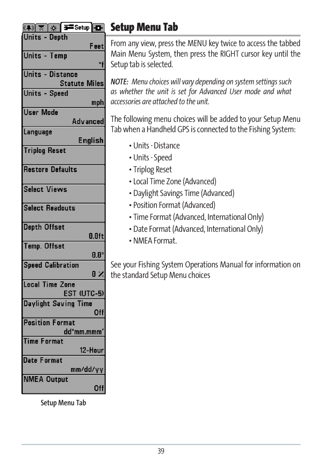 Humminbird GR16 manual Setup Menu Tab 