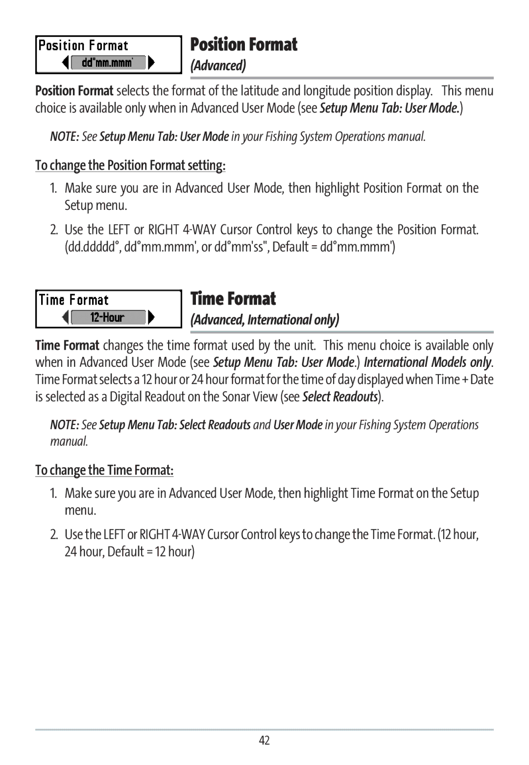 Humminbird GR16 manual Time Format, To change the Position Format setting, Advanced, International only 